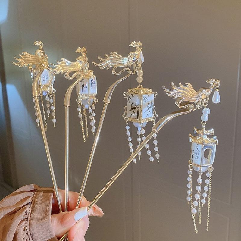 LED Lantern Dangling Hairpin Tassels Buyao Hair Stick Antique Acrylic Hair Pin for Female Chinese Costume Accessories