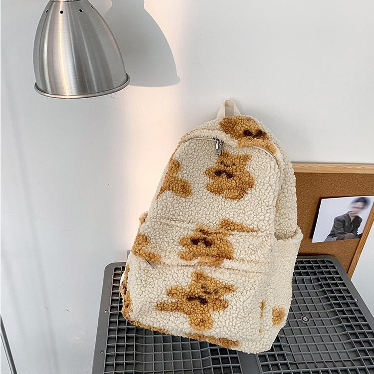 Imitation Lamb Hair Backpack Women School Bags For Teenage Girls Bears Print Cut Imitation Lamb Hair Backpack Women School Bags For Teenage  main image 3