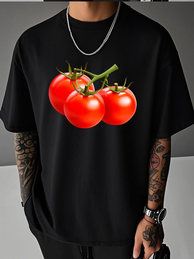 Unisex Summer White Short Sleeve Tee Realistic Three Red Tomatoes On Vine Graphic Crew Neck Loose Casual Male Daily Shirts