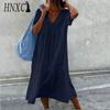 HNXC Women's Fashion Summer Spring Solid Color Print Short Sleeve V-Neck High Waist Casual Dresses