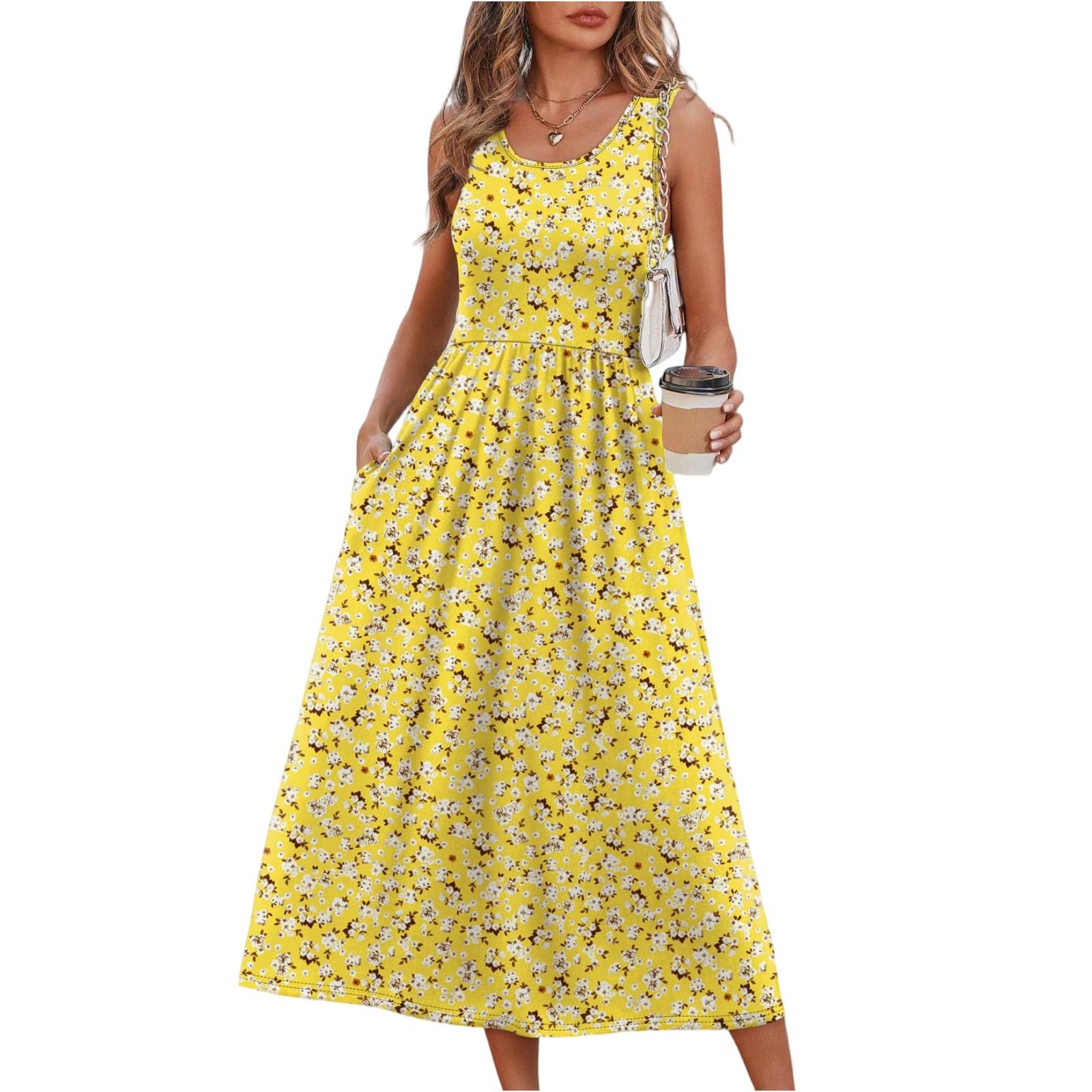 

Summer Dresses For Women Flowy Casual Midi Dress Beach Vacation Sundresses With Pockets XL жовтий