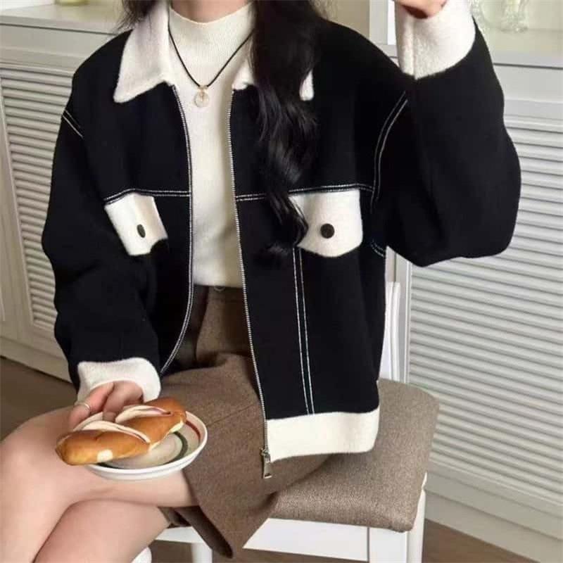 Casual imitation woolen jacket women's autumn clothing new small single-breasted baseball jersey knitted cardigan
