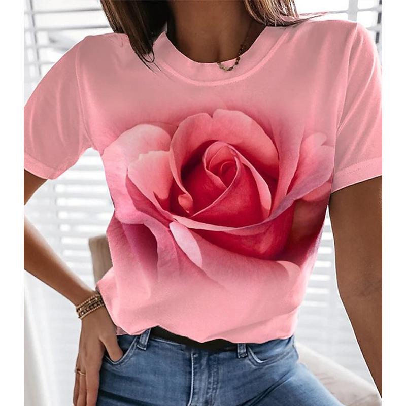 

Женская летняя футболка тренд принт розы ретро мода футболки с коротким рукавом повседневные принтованные топы 8XL красный