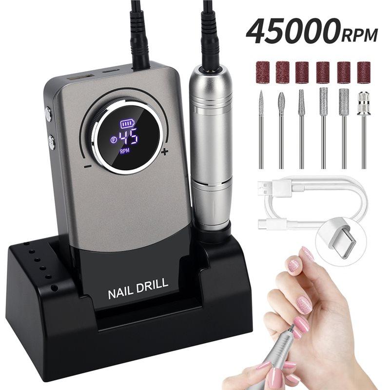 ABWR-Professional Nail Sander,6 Drill Bits And Sanding Belt, 45000 RPM Nail Drill V9, USB Electric Nails Grinder