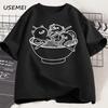 Koszulka z kotem w stylu japońskim Ramen Bawełniana z krótkim rękawem Kawaii Anime T-shirt Ramen Kotek Graficzne koszulki Urocza koszulka z jedzeniem Ubrania