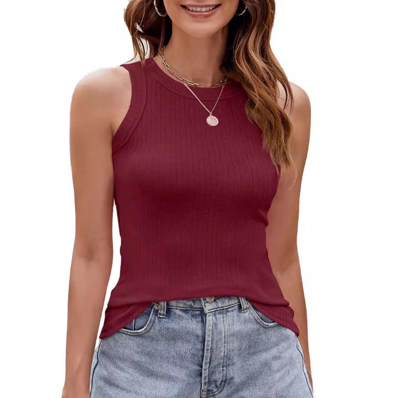 Damen Sommer Einfarbig Rundhals Slim-fit Tanktop T-Shirt Top