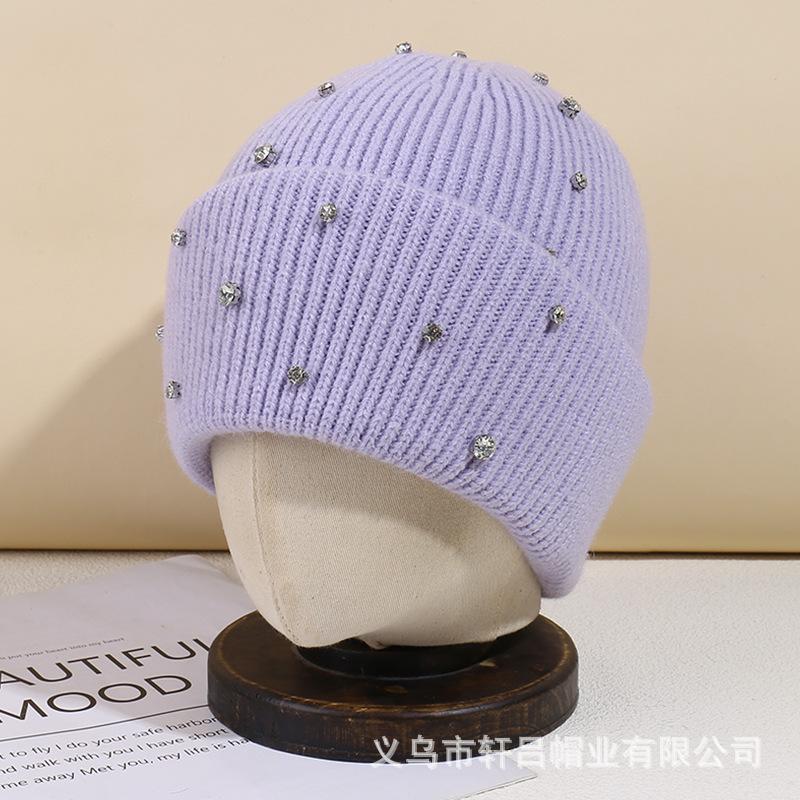 Autumn and winter casual versatile rhinestone rabbit fur wool hat women's fashion heavy industry cold hat warm windproof cover knitted hat