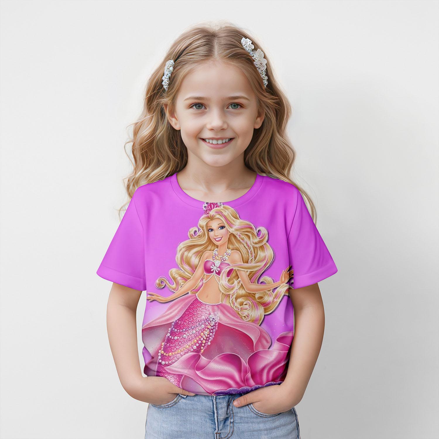 

Благородна та красива футболка з 3D-принтом Барбі аніме для дівчинки Літній зручний одяг Дитячий одяг з коротким рукавом Топ 130
