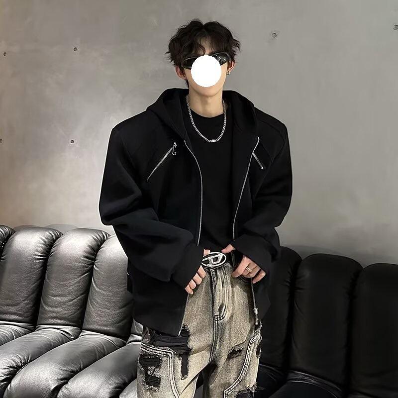 Niche metal zipper deconstruction hooded sweater men's autumn and winter American ruffian handsome high-end shoulder padded jacket jacket tide