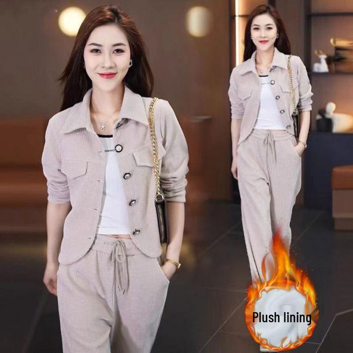 Trendy Fleece-Lined Slim Fit Women's Two-Piece Set: Autumn/Winter 2025 Jacket & Pants