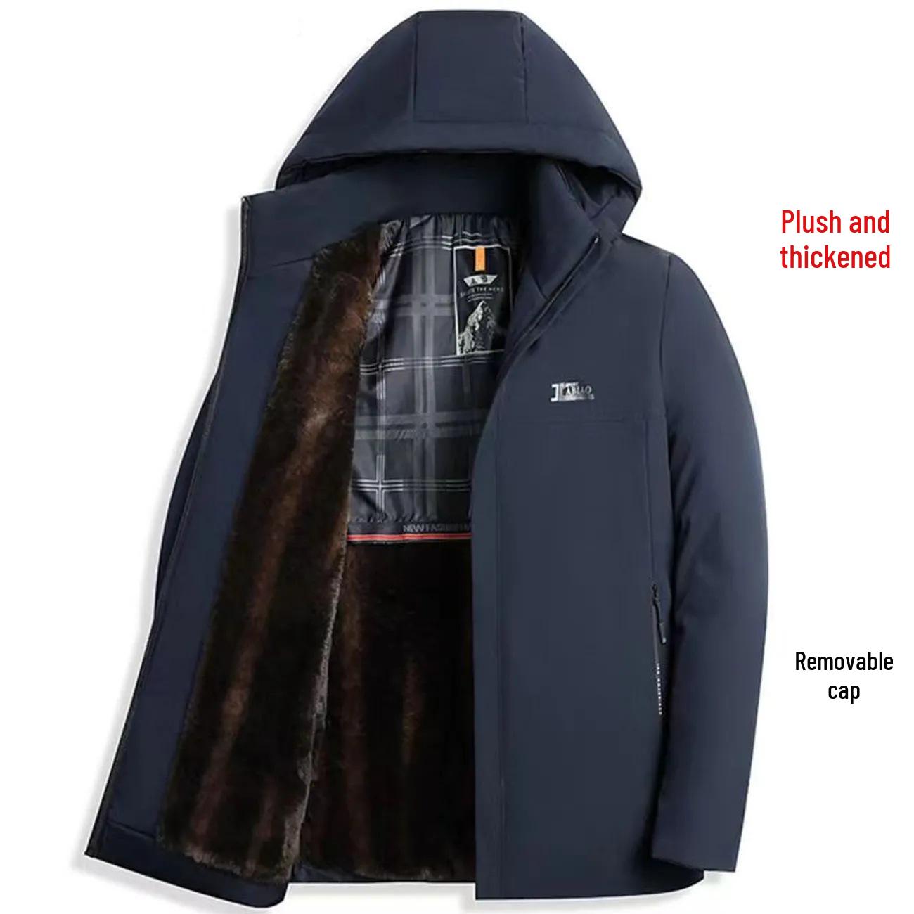

Deep Blue Slim-Fit Hooded Winter Jacket for Men - Removable, Thickened, Plus Velvet, Middle-Aged & Elderly 3XL [160-175kg] глибокий/синій