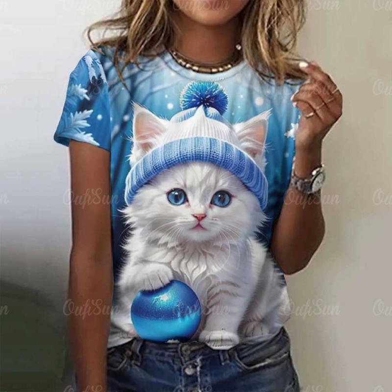 Damen Niedliches Katze Kurzarm T-Shirt Weihnachten Tiere Aufdruck Rundhals T-Shirt 2024 Mode Kleidung Sommer Lässig Oversize