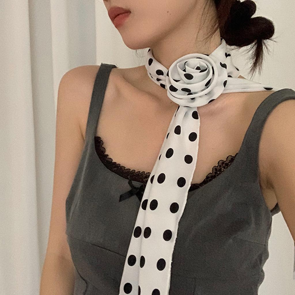 Silk Like Long Scarf Elegant Neck Decoration with Round Dot and Rose Flower Pattern for Fashion Forward Women