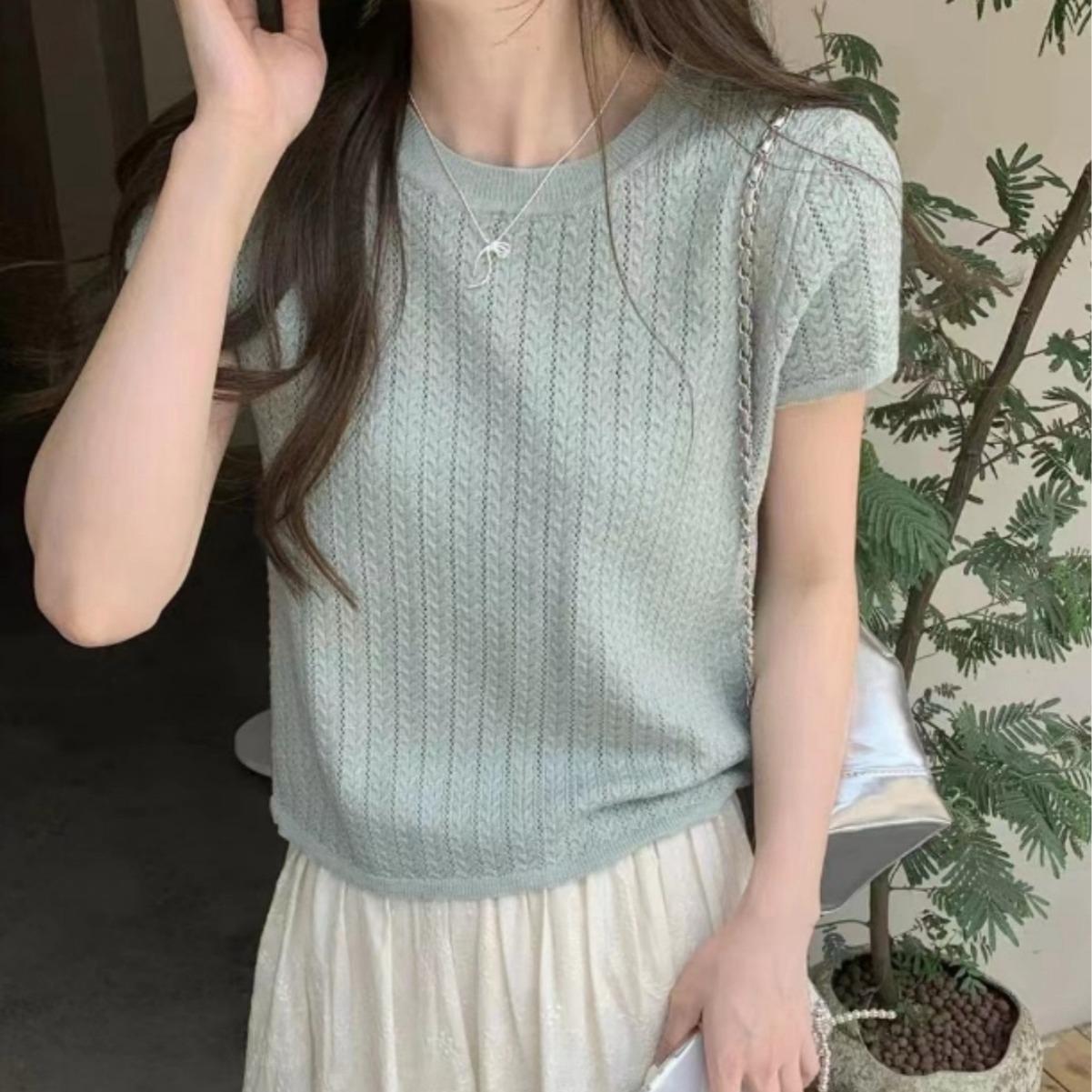 

Женская вязаная футболка-топ универсальный круглый вырез ажурный дизайн женская одежда 2XL зелёный