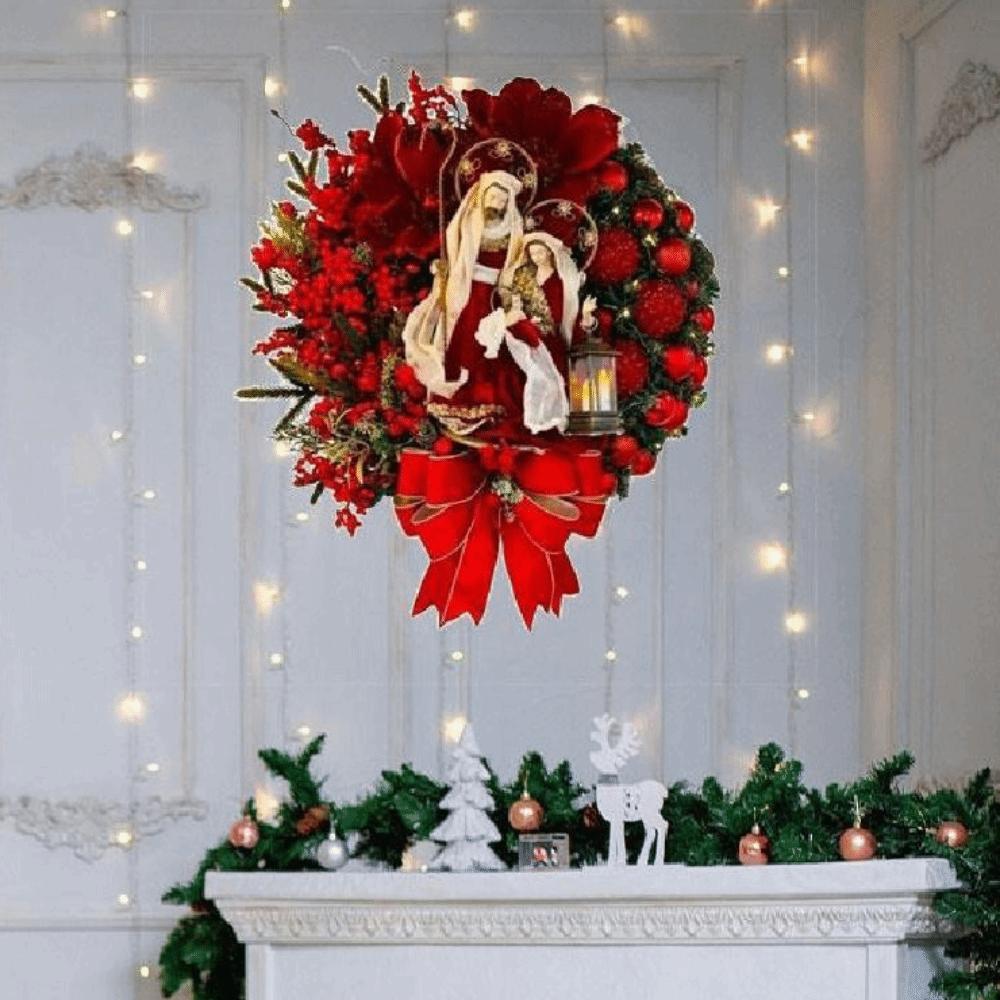 Party Supplies Red Christmas Wreath 2D Wooden Door Hanging Artificial Garland Flat Oil Lamp Christmas Ornaments Fireplace Mantel