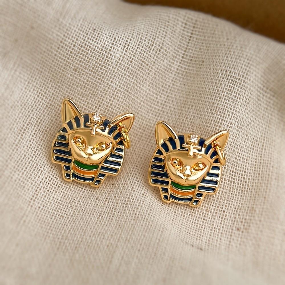 Enamel Egyptian Style Stud Earrings Unique Silver Ear Studs Fashionable Cat Pharaoh Earrings Girls