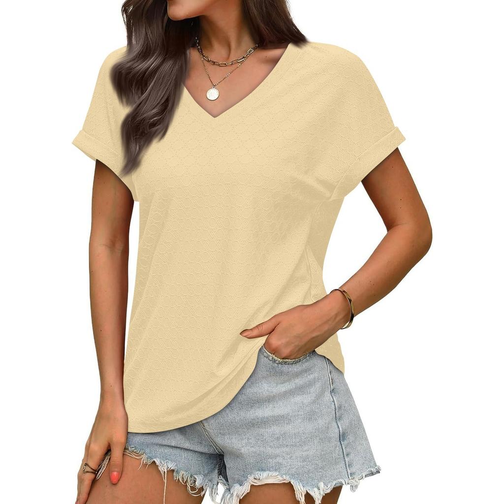 Women's Fashionable Casual Solid Color V-Neck Breathable T-Shirt Short Sleeved Top