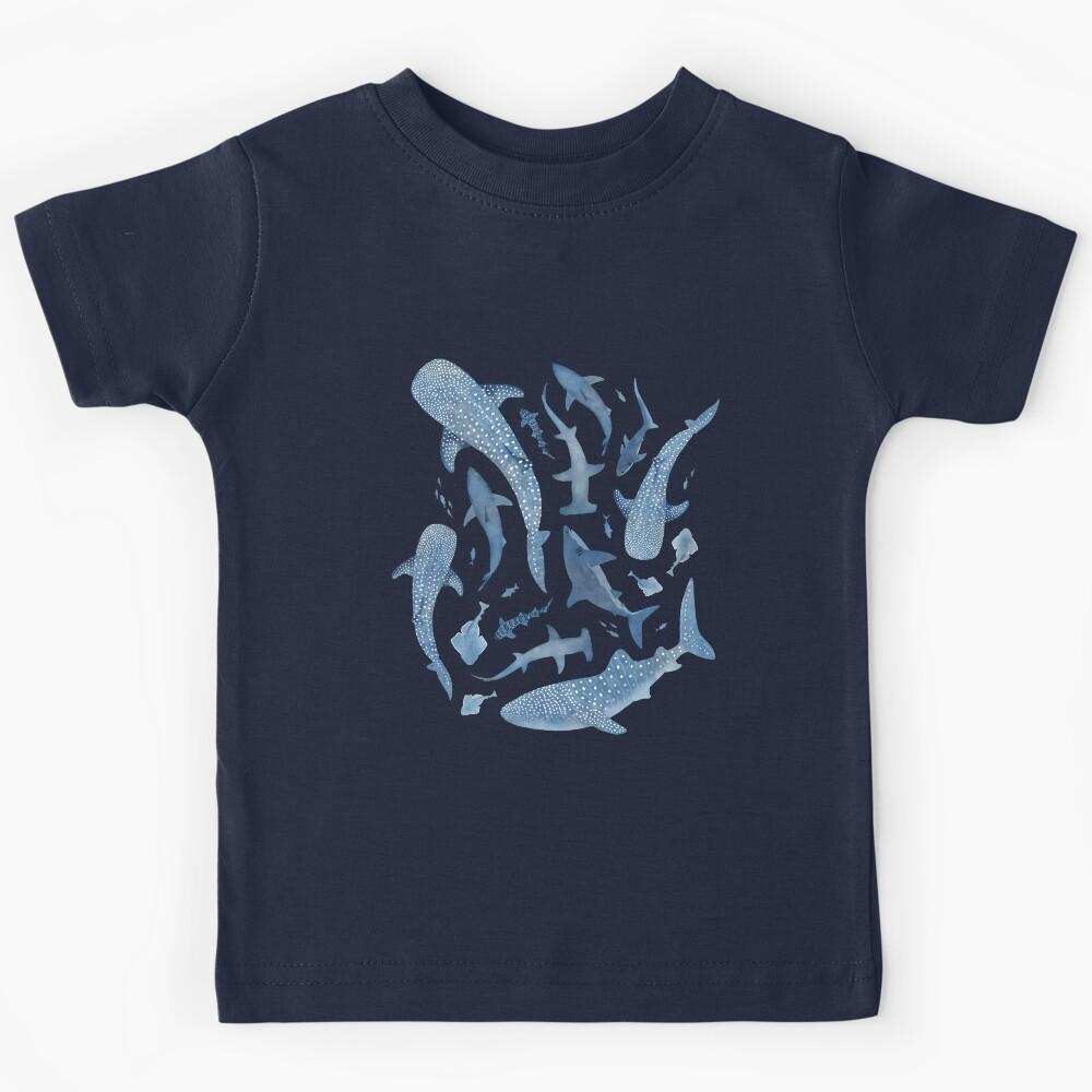 Monochrome blue watercolour shark ocean on black Kids T-Shirt 100