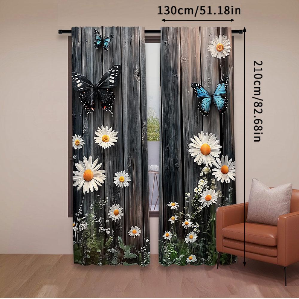 Set Of 2 Modern Floral Butterfly Wooden Board Pattern Curtains Suitable Bedroom Bathroom Living Room Dining Study Curtain For Sitting Made Polyester