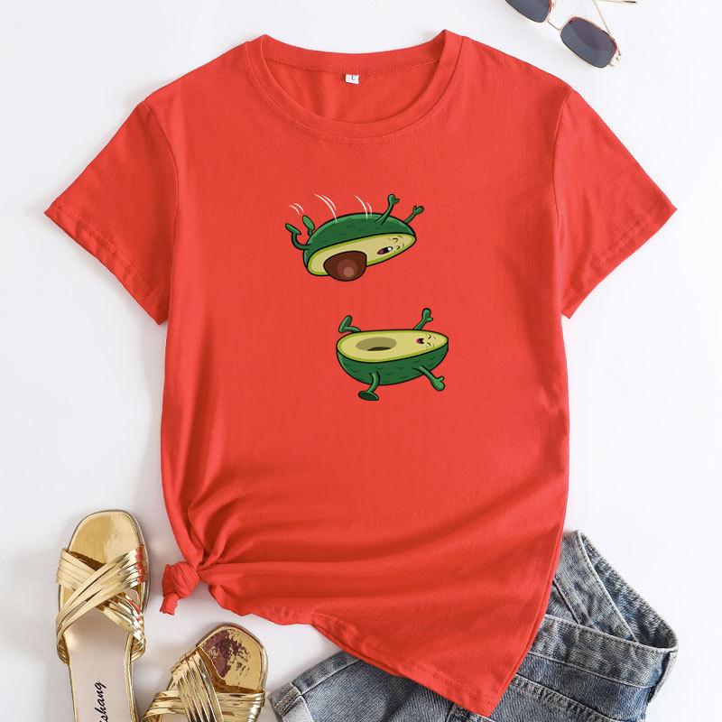 Seasonal Round Neck Avocado Pattern Printed Top Fashionable Casual Short Sleeved Women's Pure Cotton T-shirts
