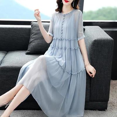 Chiffon-Kleider für Damen, Sommer, elegant, locker, große Größe, Temperament, dünn, mittellange Kleider