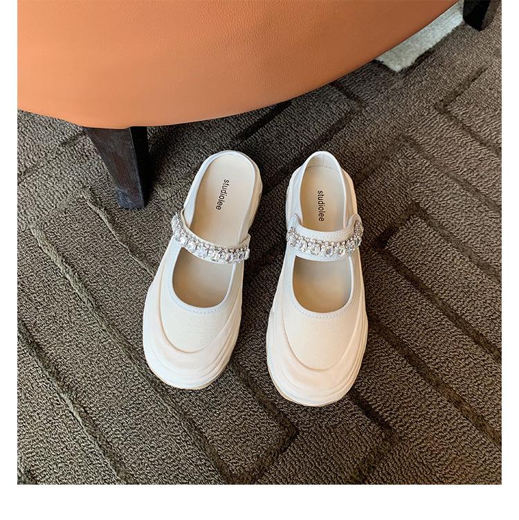 

Grape mother, the same rhinestone with Velcro thick-soled half-slippers, women s big round head, light mouth, versatile Mary Jane shoes 40