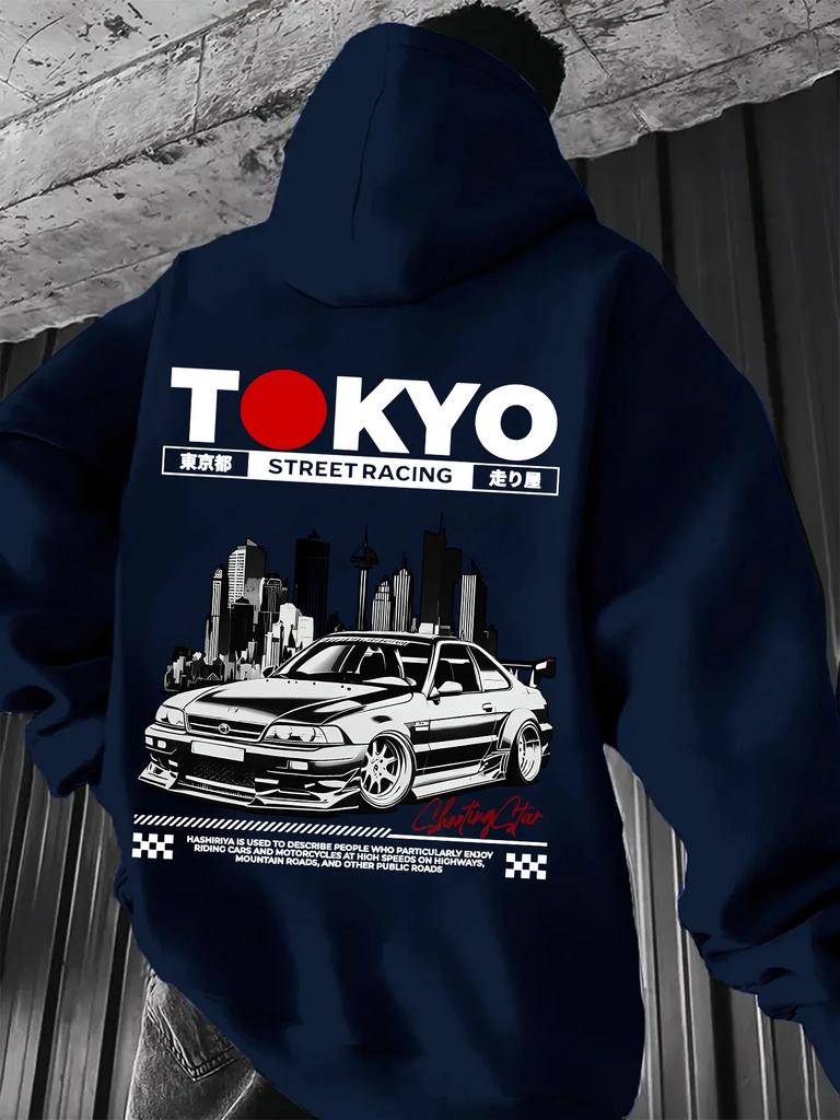 JDM Racing Hoodie Tokyo Car Graphic Back Print Oversized Sweatshirt Japanese Streetwear Drift Style