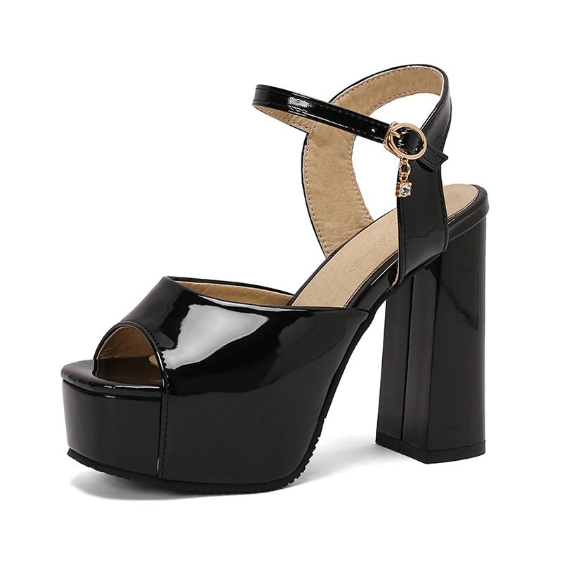 Plus Size Smooth Glossy Patent Leather Peep Toe Sandals With Platform Ultra-High Thick Heel Ankle Buckle Women's Sandals