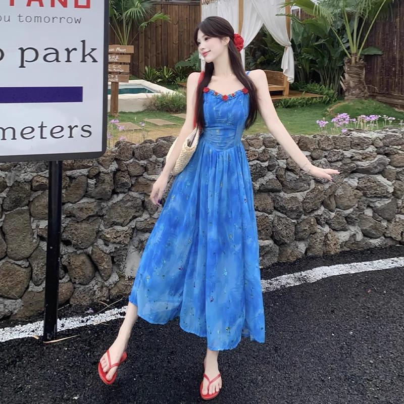 Blue Floral Slip Dress: Light Luxury, High-End Summer Style, Super Beautiful