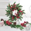 NUCHI Christmas Wreath with PE Leaves, White Pine Cones, and Red Berries - Door Hanging Ornament and Holiday Decoration
