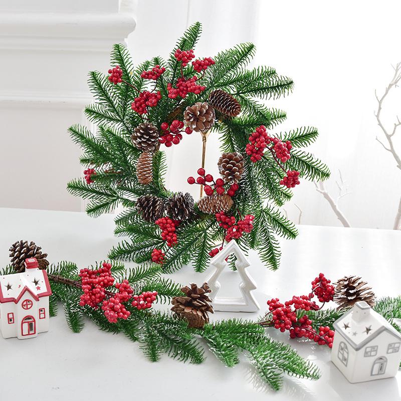 NUCHI Christmas Wreath with PE Leaves, White Pine Cones, and Red Berries - Door Hanging Ornament and Holiday Decoration