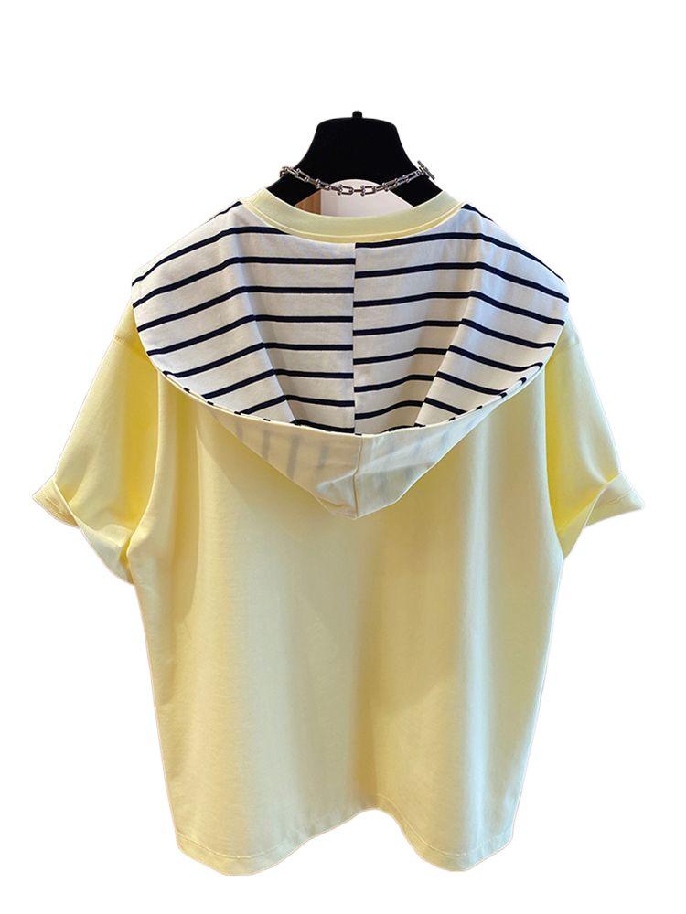2025 Unisex Plus Size Striped Hooded Color Block Short Sleeve T-Shirt
