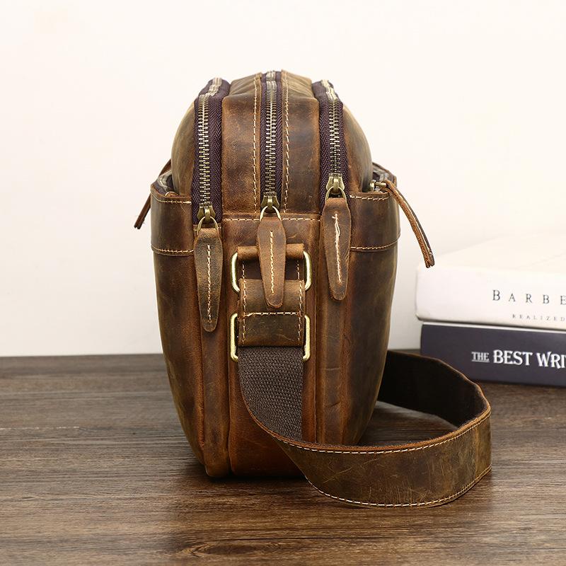 Crazy Horse Leather Men's Genuine Leather Crossbody Bag Retro Top Layer Cowhide Shoulder Bag Zipper Multi-layer Casual Trendy Men's Bag