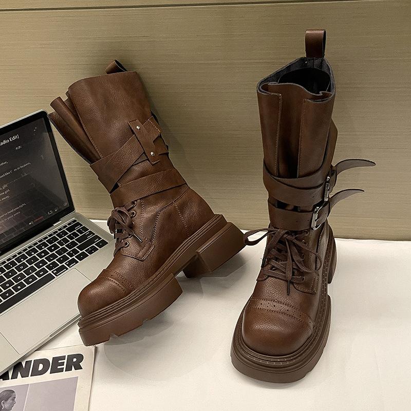 British style thick-soled thick-heeled Martin boots women's summer design sense increases leather boots versatile soft-soled short boots tide