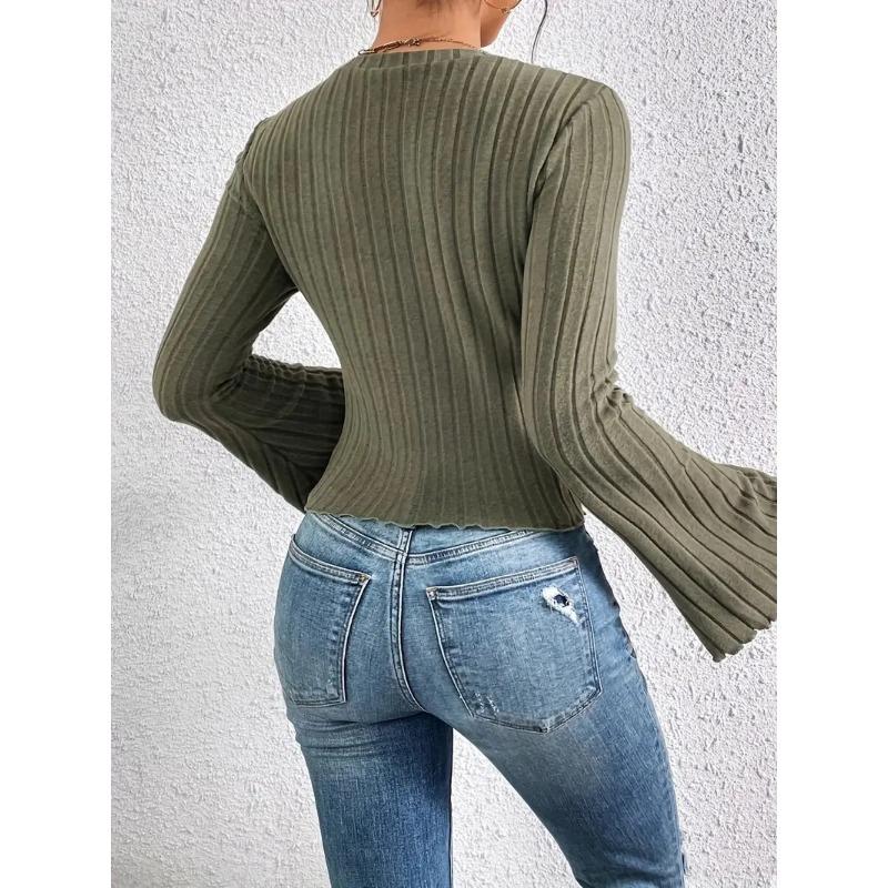 Women's Autumn and Winter Short Bell Sleeves, Long Sleeves, Round Neck, Lapels Are Simple