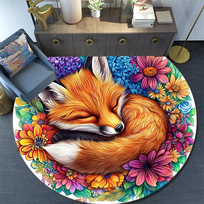 Sleeping Fox Round Area Rug,Carpet Rug for Living Room Bedroom Sofa Playroom Decor,Non-slip Floor Mat