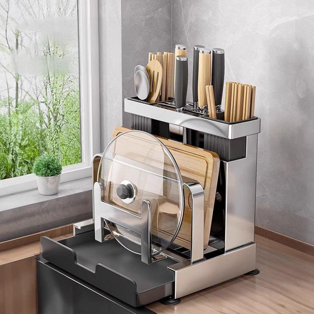 Stainless Steel Kitchen Storage Holder Space Saving Table Stand Storage Rack Chopsticks Storage Pot Holder Home Storage