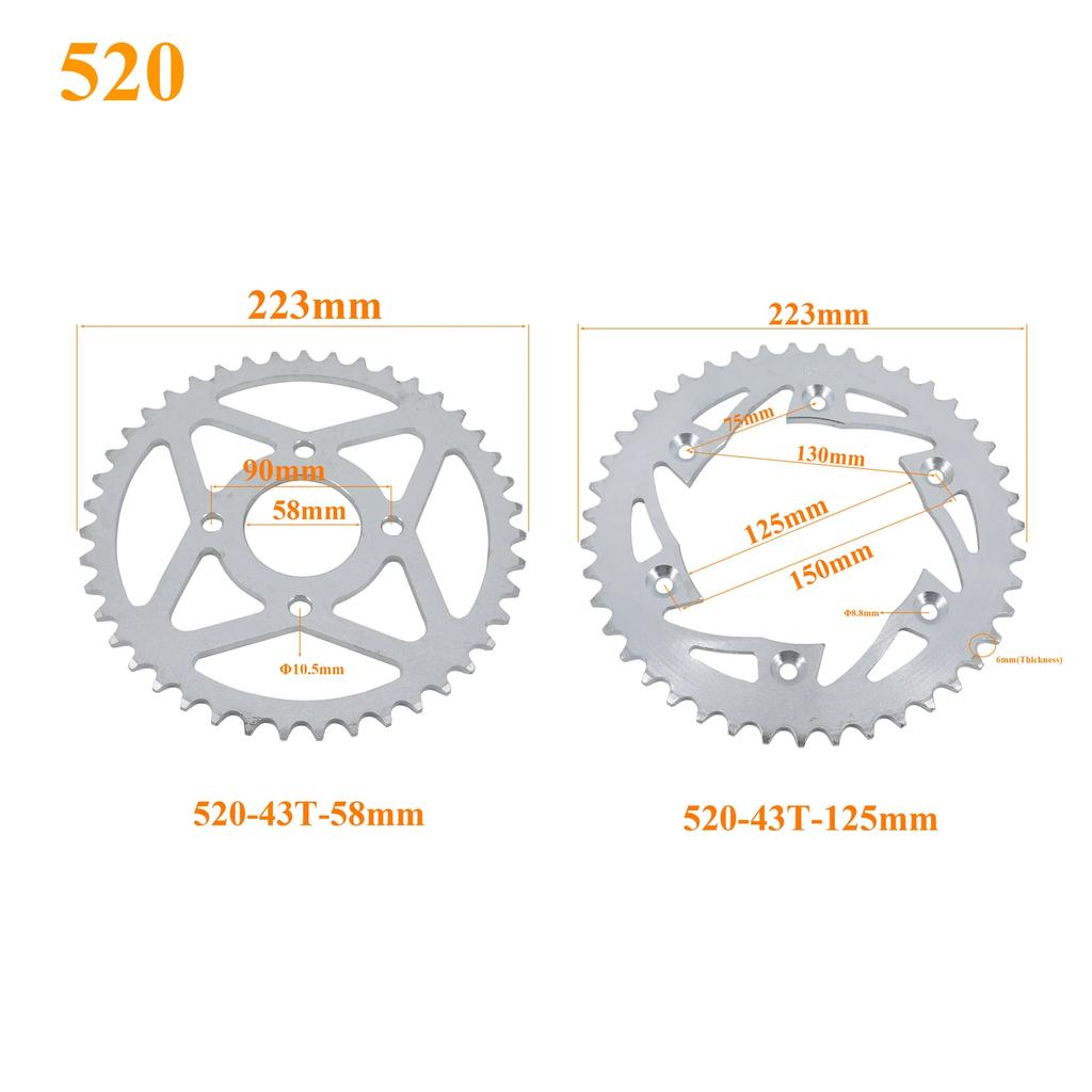 Motorcycle 520 Chains 43T 58mm 125mm Sprockets Rear Back Sprocket Cog Fit for Karting ATV Off-road Motorcross Parts