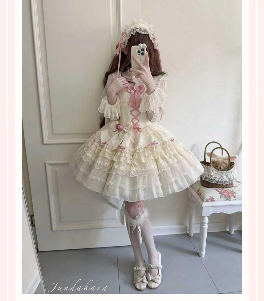 Jundakara Tiered JSK Jumper Skirt with and Perfect for or Palace Perfect for Mori Girl and Beige Women's Ribbons, Ruffles, Lace-Up Design, Cosplay,