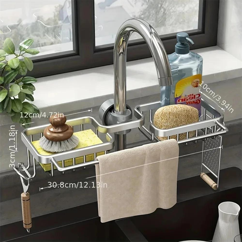 Kitchen Sink Drain Rack Organizer Aluminum Self-draining Sink Shelf Soap Sponge Holder Dishcloth Towel Removable Kitchen Storage