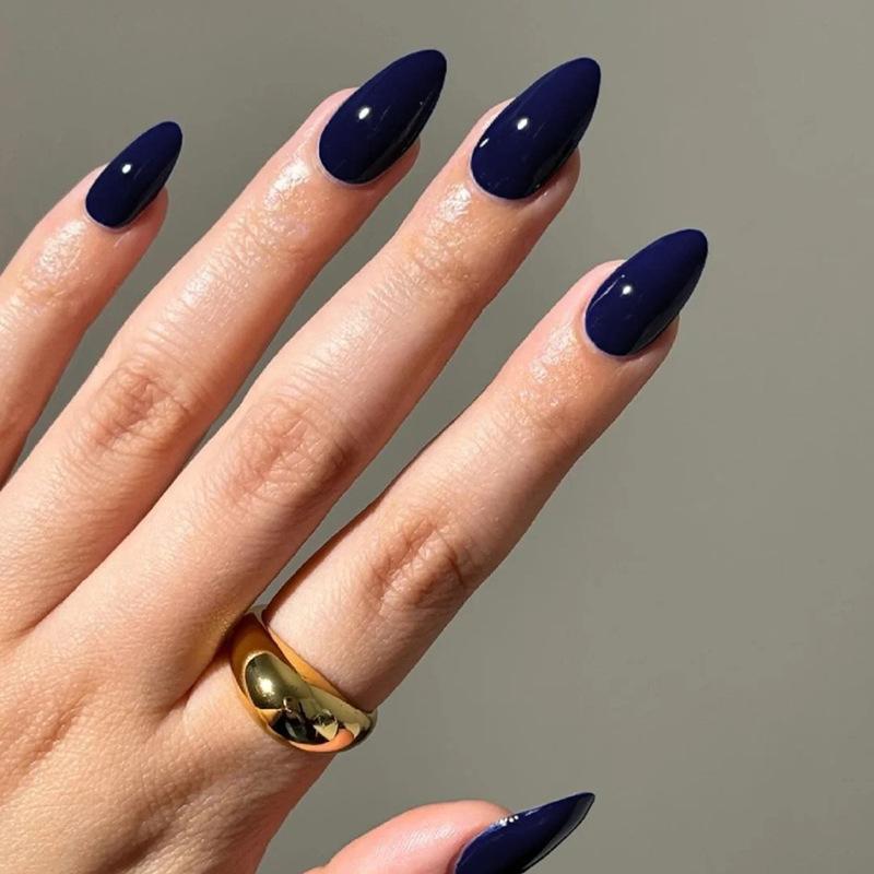 Simple deep sea blue temperament white short almond nail European and American ins style nail art press on nails