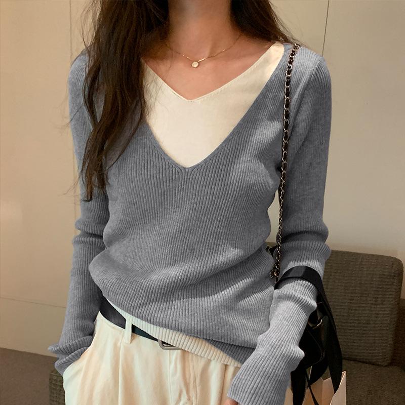 

Корейский V-образный вырез, состоящий из двух частей, контрастного цвета, замедляющий старение свитер для женщин на осень и зиму, новый универсальный шерстяной топ с длинными рукавами L