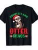 Complete & Otter Chaos Christmas T-Shirt for S - Polyester 220gsm Heavyweight Black Otter Lover Tee with Cute Otter In Santa Hat & Candy Cane, Funny X