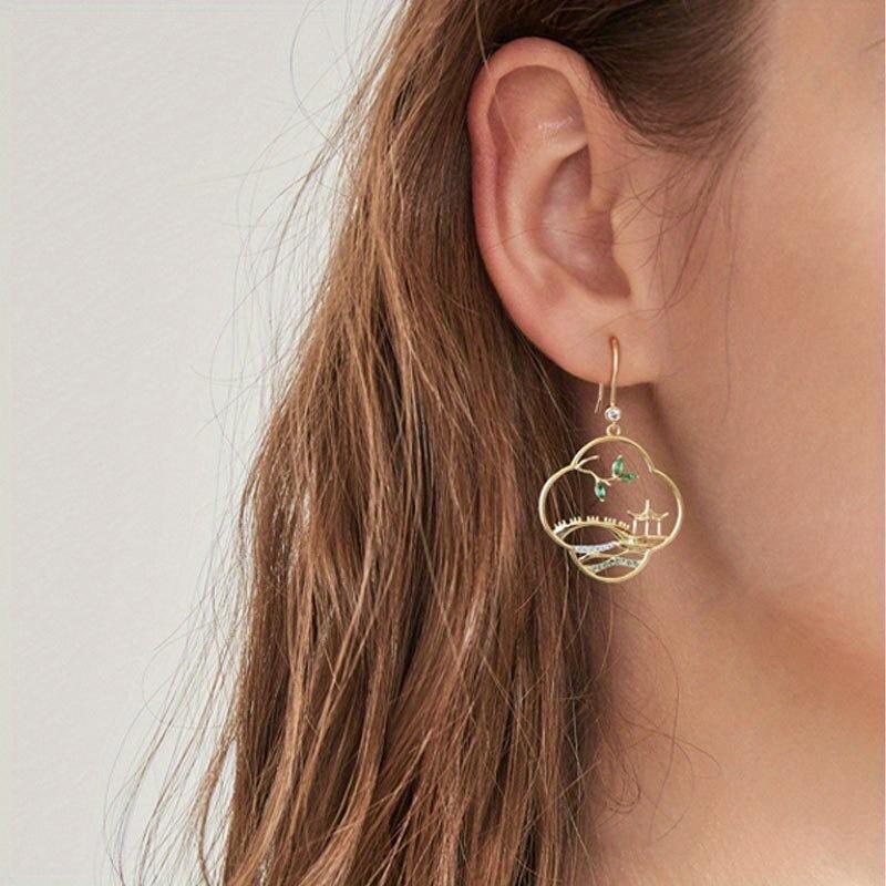 Chinese Style Vintage Jewelry Alloy Rhinestone Bridge Earrings for Women Big Hollow Geometric Drop Earrings