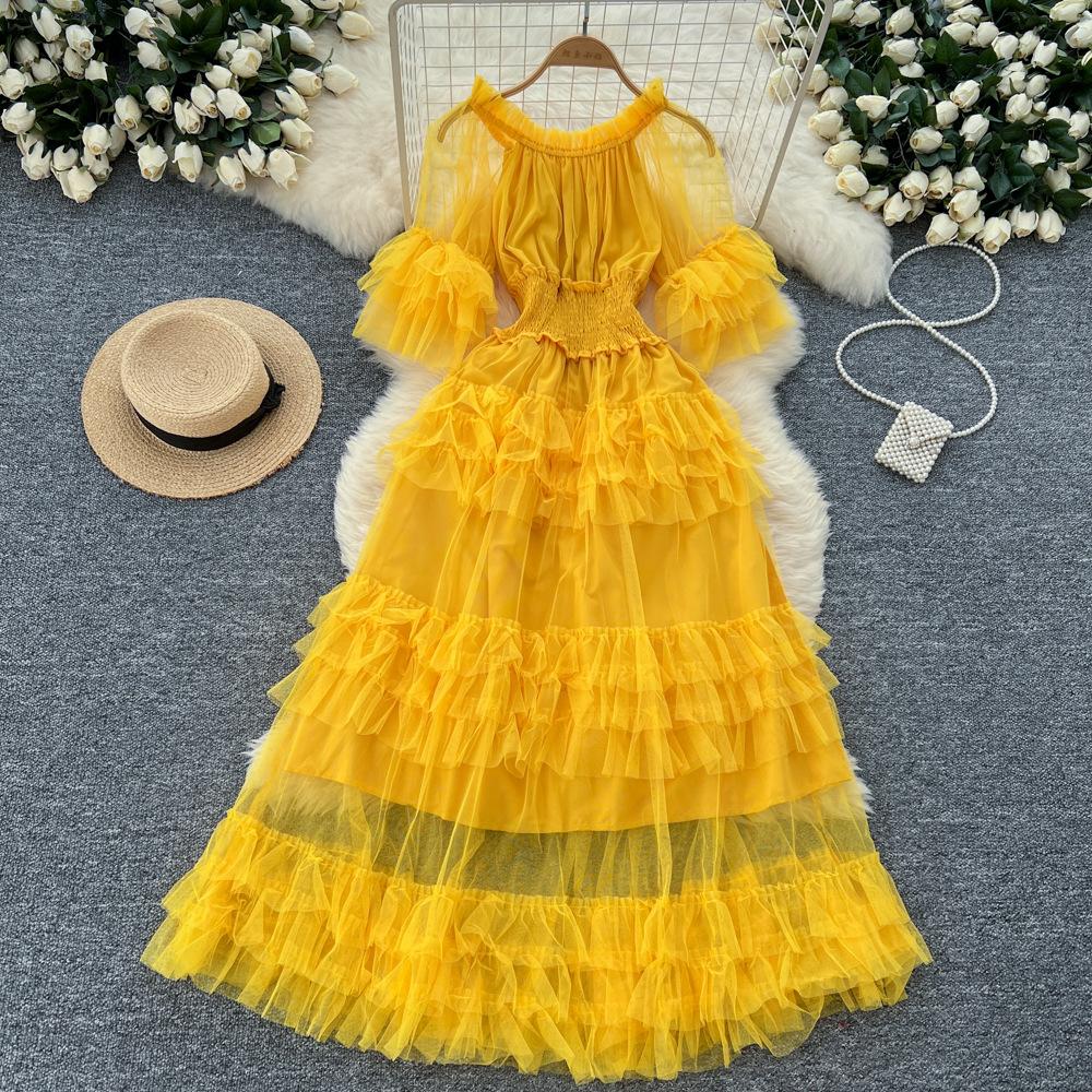 

Платье-торт из сетки с французской плиссировкой и расклешенными рукавами, женское, темпераментное, элегантное, длинное платье One size жёлтый