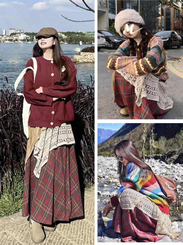 Autumn/Winter 2025 Women's Layered Irregular Color Block Plaid Midi Skirt