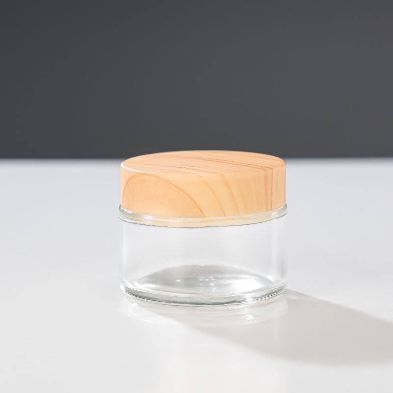 Frosted Glass Cream Jar with Wood Grain Lid for Refillable Cosmetics