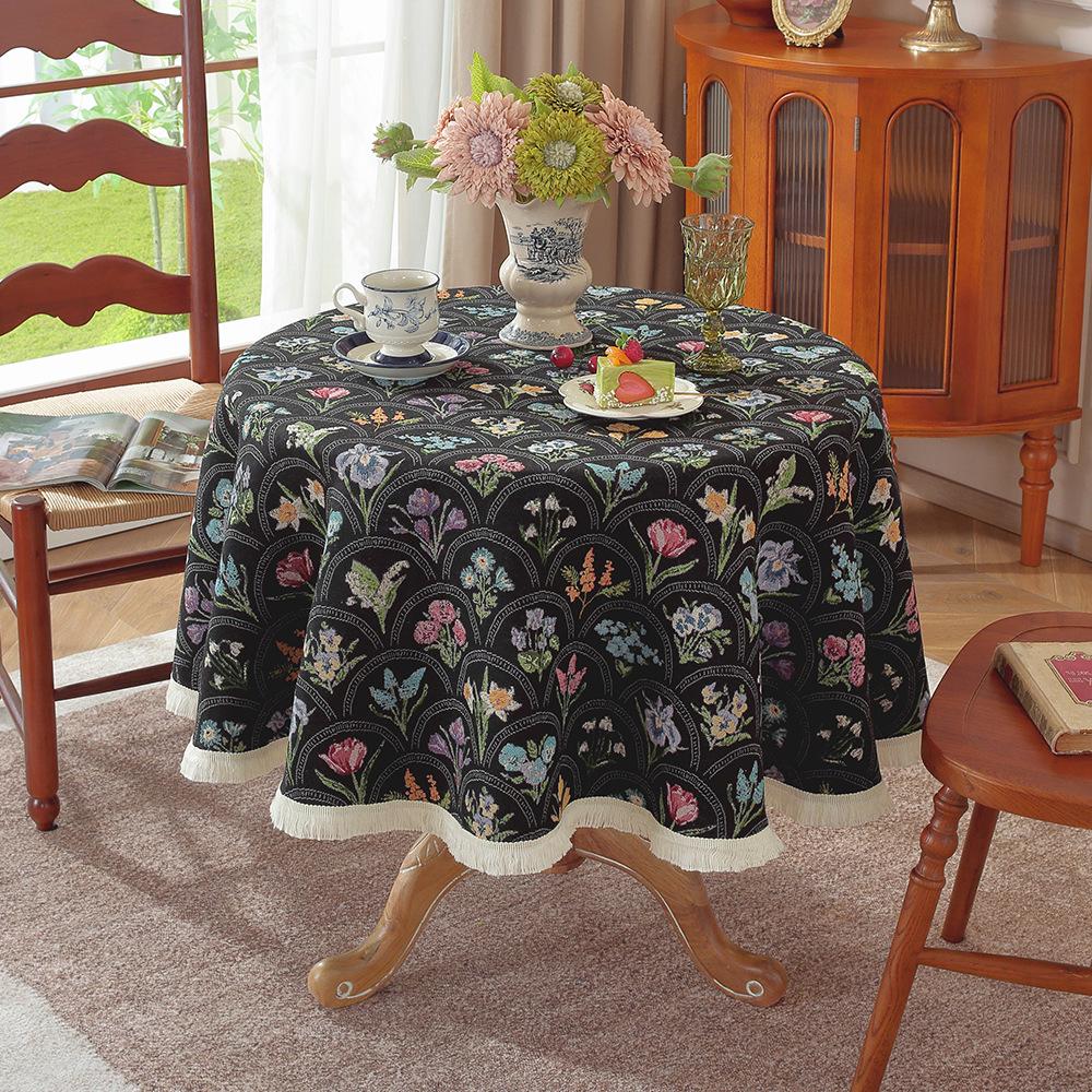 Nordic Pastoral Round Tablecloth with Small Tassels - Imitation Cotton Linen Fabric