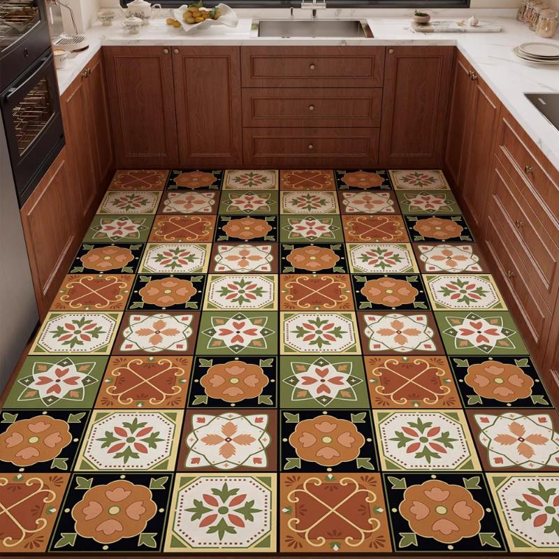 PVC Kitchen Carpet Waterproof Non-Slip Oil-proof Leather Floor Mat Large Size Rug Retro American-Style Home Decor Rugs Alfombra