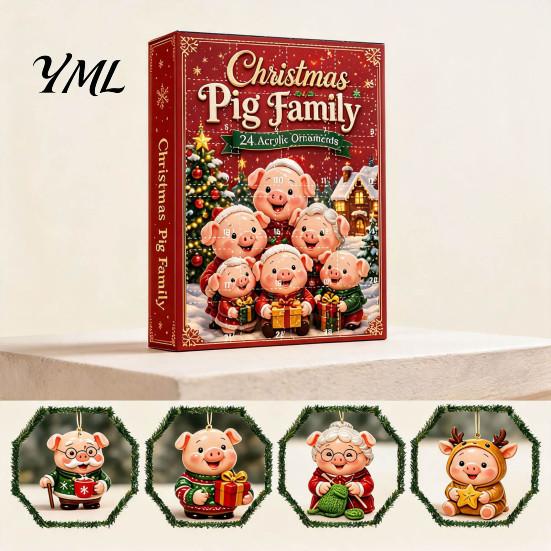 Family Christmas Tree Decor Piggy Advent Calendar, 2D Flat Acrylic 24 Days Hanging Blind Box Ornaments, Decorative Countdown Gift for Holiday
